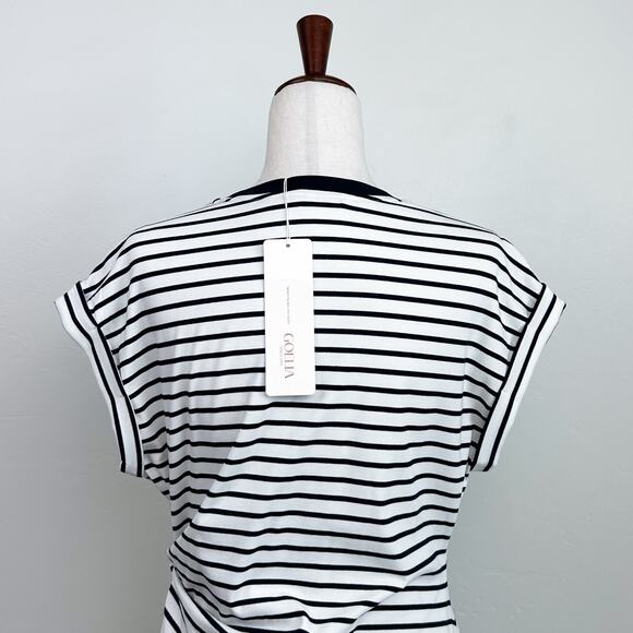 Goelia Navy Stripe Cap Sleeve Crewneck Side Slit Dress NWT - Picture 8 of 11